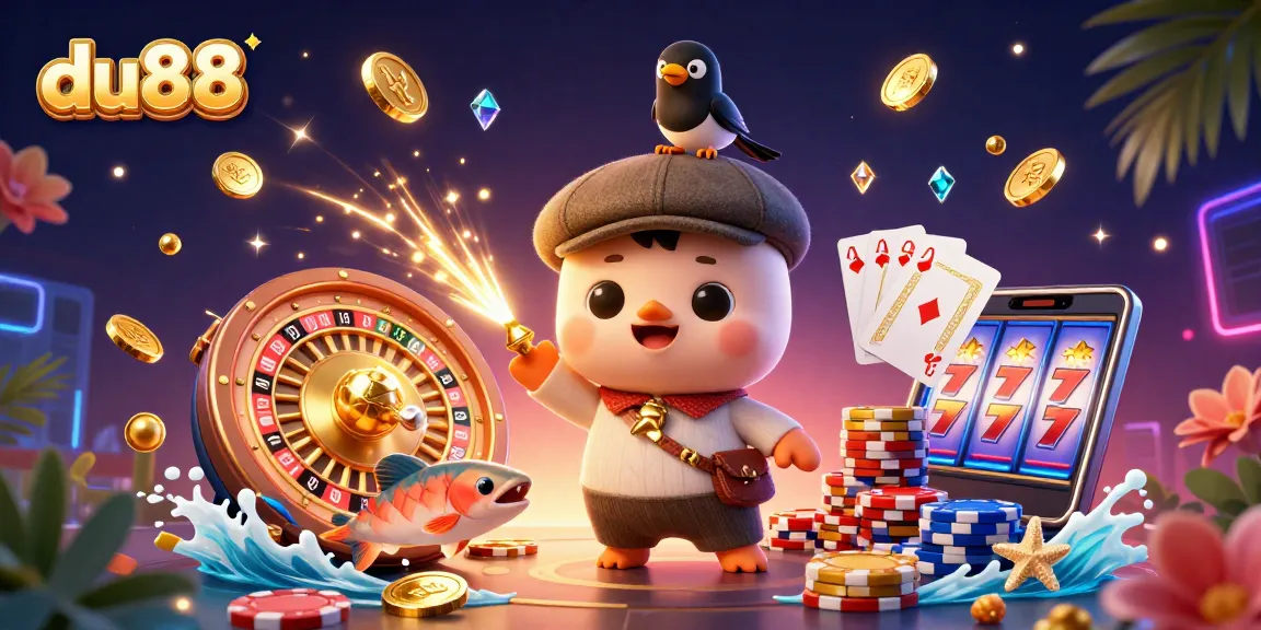 Experience the excitement of du88 with a playful Loch Ness monster illustration in a vibrant casino scene.
