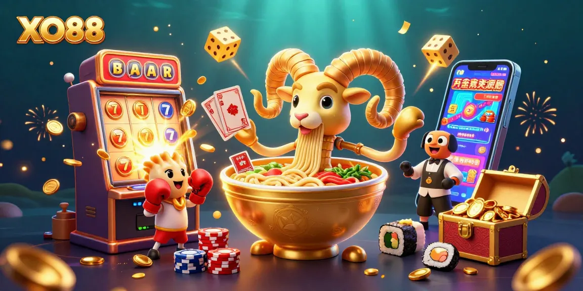 Engage with thrilling games at XO88 featuring vibrant casino characters and a dynamic slot machine.