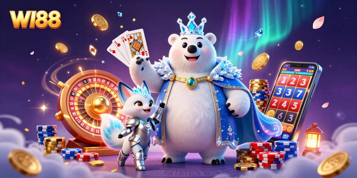 Experience the excitement at WI88 with a dynamic casino scene featuring vibrant 3D characters and game elements.