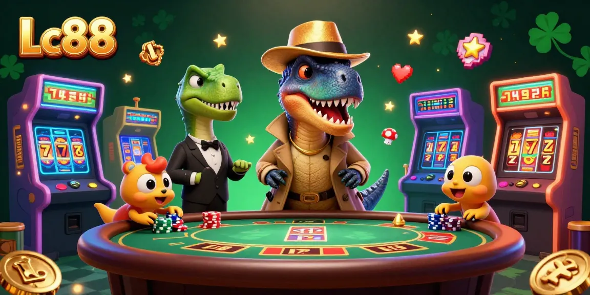 Engage with Lc88's exciting gaming scene, featuring whimsical characters in a vibrant casino.