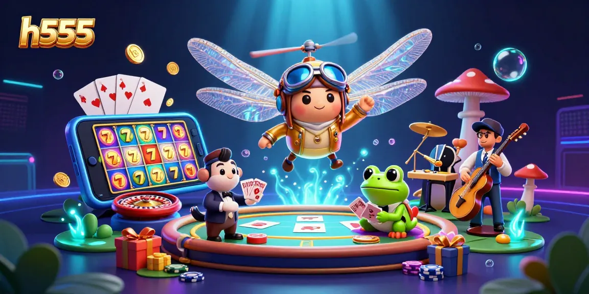 H555 offers thrilling gaming with live dealers, slot reels, and a vibrant frog croupier.