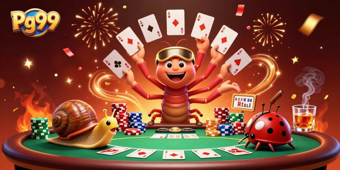 Experience thrilling gameplay at Pg99 with a dynamic casino scene showcasing a playful dealer, vibrant chips, and cards.
