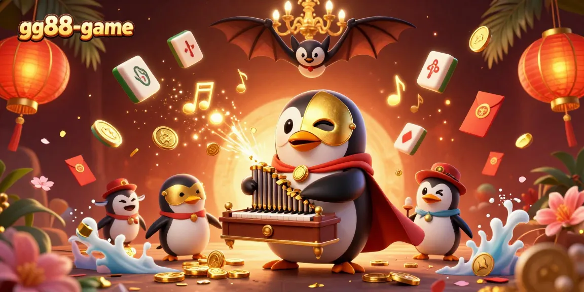 Experience the excitement of gg88-game with a vibrant 3D illustration of a penguin playing a golden organ while releasing coins.