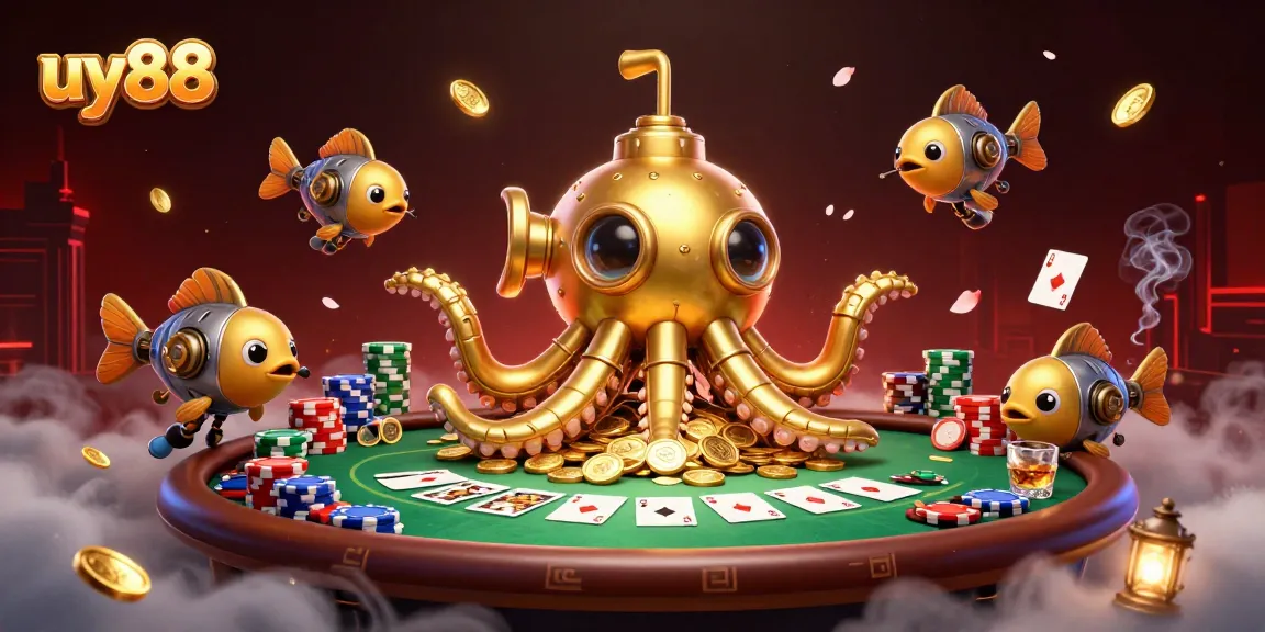 Bet on uy88 with a vibrant 3D golden kraken submarine amidst poker excitement.