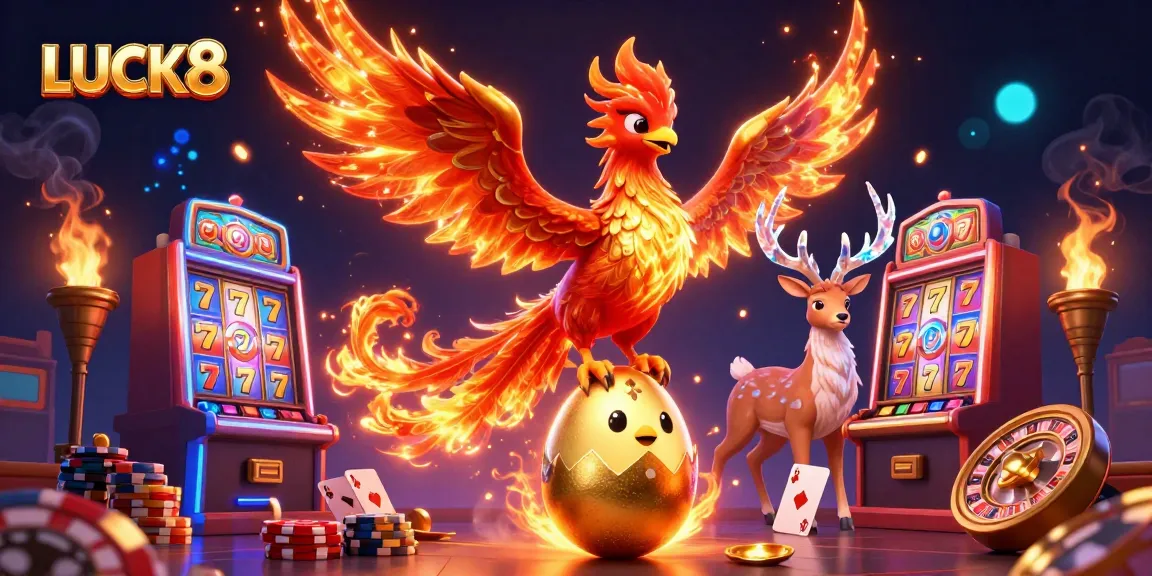 Experience the thrill of LUCK8 with a vibrant 3D illustration of phoenixes and casino elements.