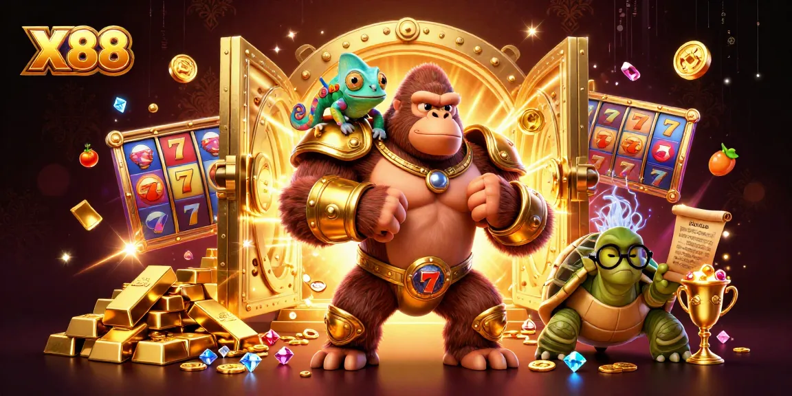 X88 showcases a vibrant 3D casino scene with a gorilla king, treasure, and dynamic slot elements.