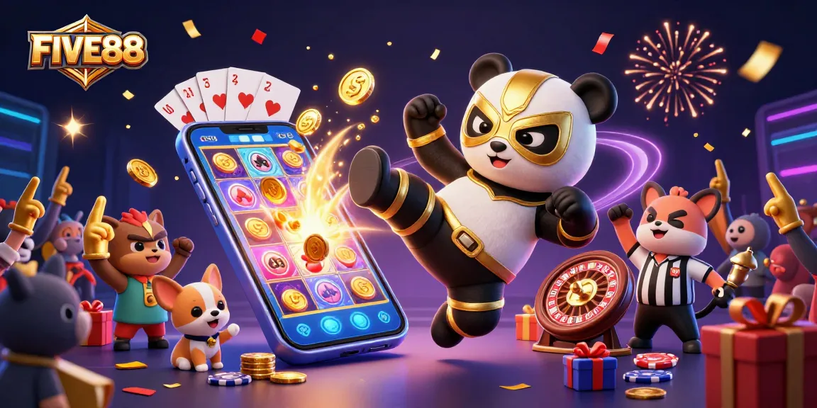 Engage with the exciting gaming experience at FIVE88, illustrated through thrilling casino scenes with vibrant characters.