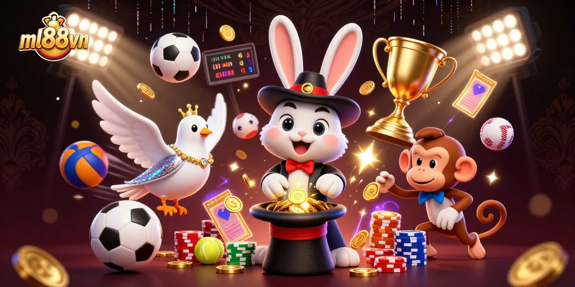 Watch the magician rabbit at ml88vn pull golden coins as sports elements swirl around