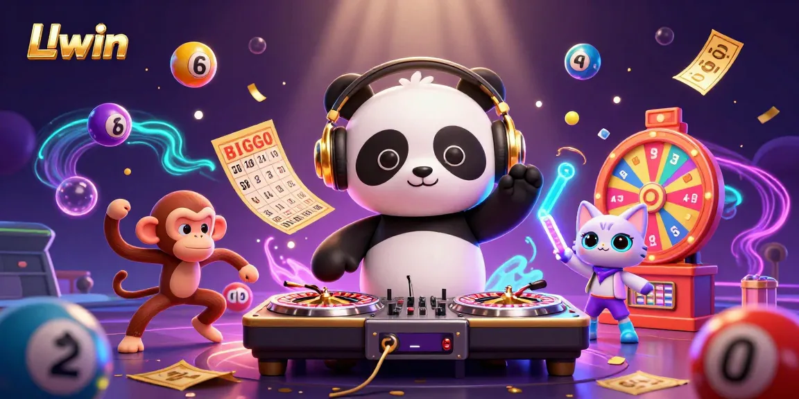 Experience the vibrant Llwin casino scene with DJ panda and dynamic game elements in a lively atmosphere.