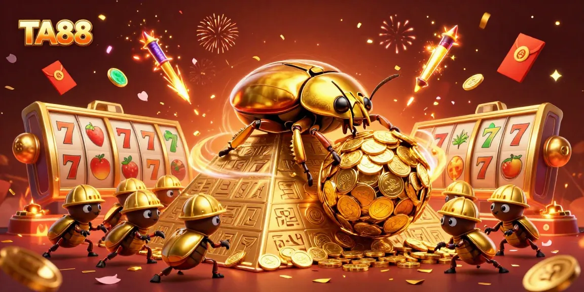 Engage with TA88's vibrant online gaming experience featuring slot reels and festive casino elements.