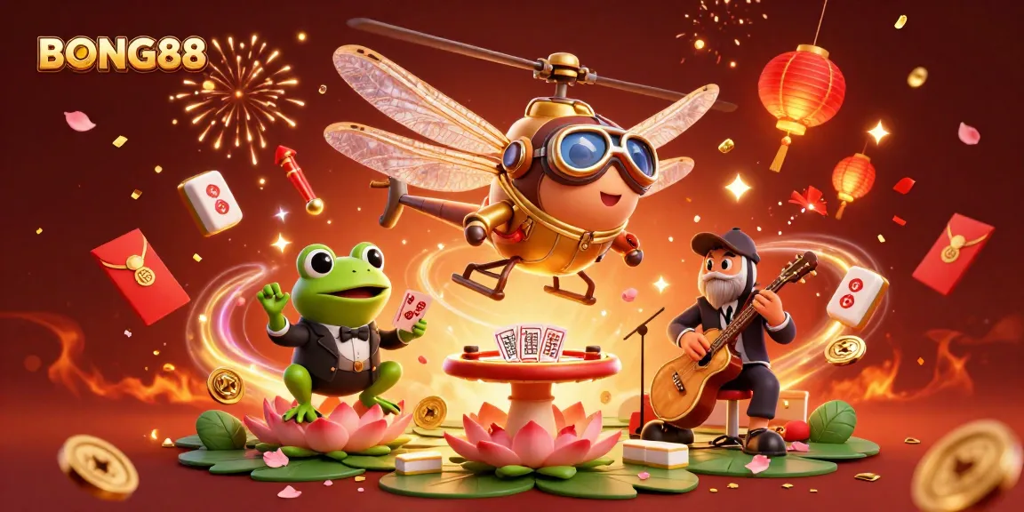 BONG88's vibrant casino illustration showcases a dragonfly helicopter pilot and a frog croupier in an engaging game atmosphere.