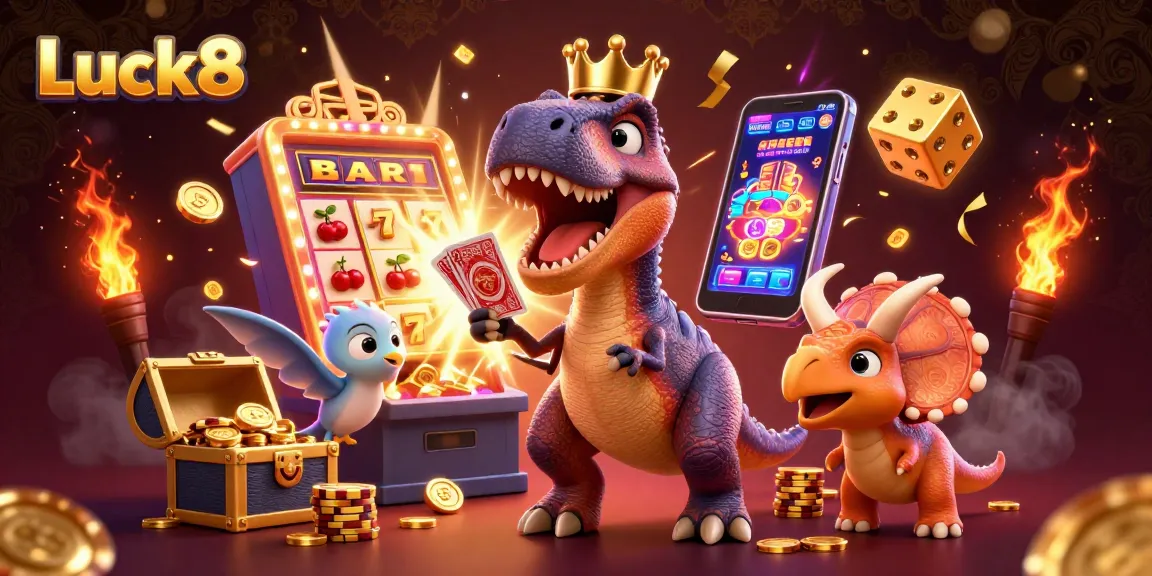 Luck8 showcases an engaging casino scene with a T-Rex card dealer, chip-stacking triceratops, and vibrant slot elements.
