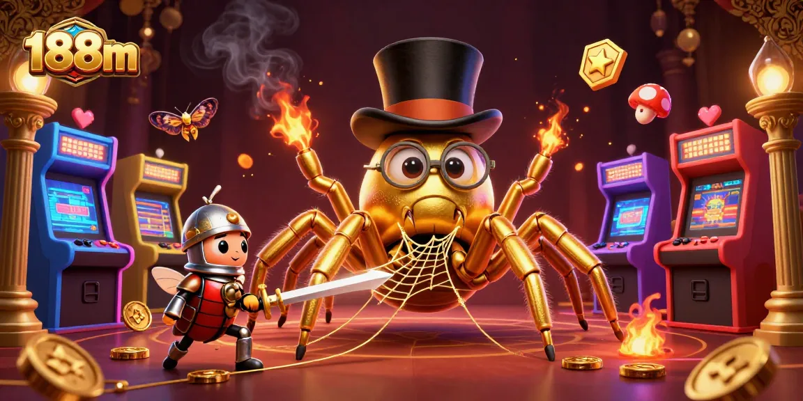 Engage in thrilling gaming excitement at 188m, a digital illustration showcasing a giant golden tarantula and casino elements.