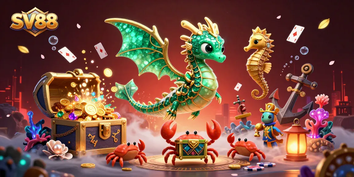 SV88 casino scene with a majestic sea dragon, poker cards, and gold treasure elements