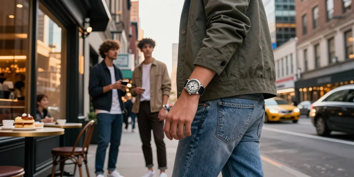 Person flaunting a stylish clone watch in an urban street scene, capturing elegance and lifestyle.