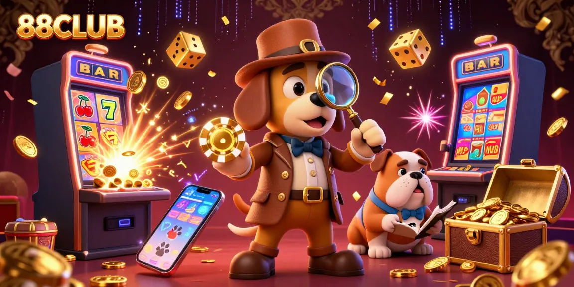 Engage with thrilling 88CLUB casino games in this vibrant illustration featuring a detective scene.