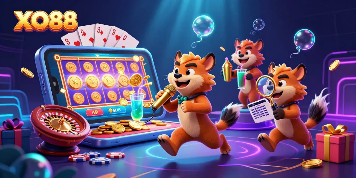 Join the fun at XO88 with hyenas entertaining in a colorful casino scene full of games.