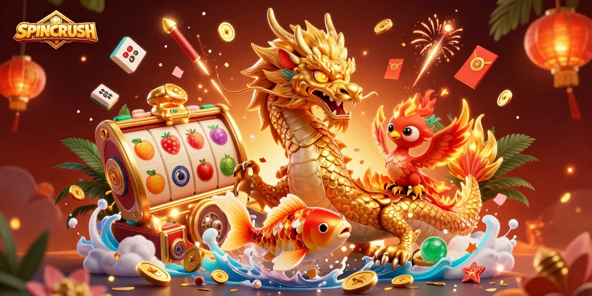 Engage in thrilling gaming action with SPINCRUSH, featuring a vibrant scene of a mythical dragon, phoenix, and koi fish amidst rich casino elements.