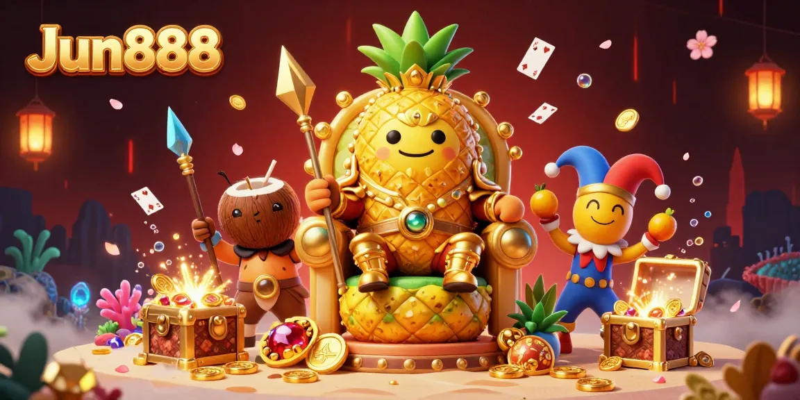Experience the vibrant adventure of Jun888 casino with a dynamic 3D illustration of a golden pineapple king and companions.