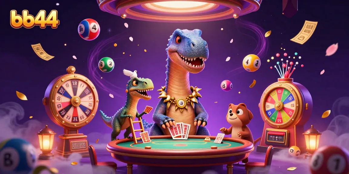 Join the vibrant energy of bb44's casino scene, featuring a towering brontosaurus and a raptor card dealer.