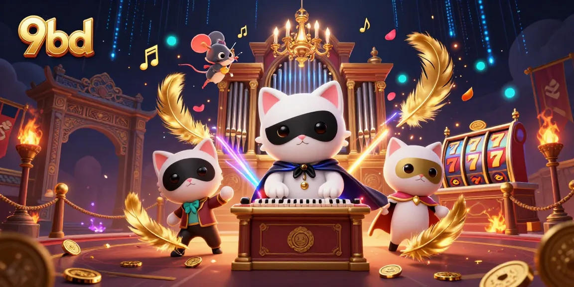 Engage with 9bd's vibrant casino atmosphere, featuring a phantom cat, games, and dynamic elements.