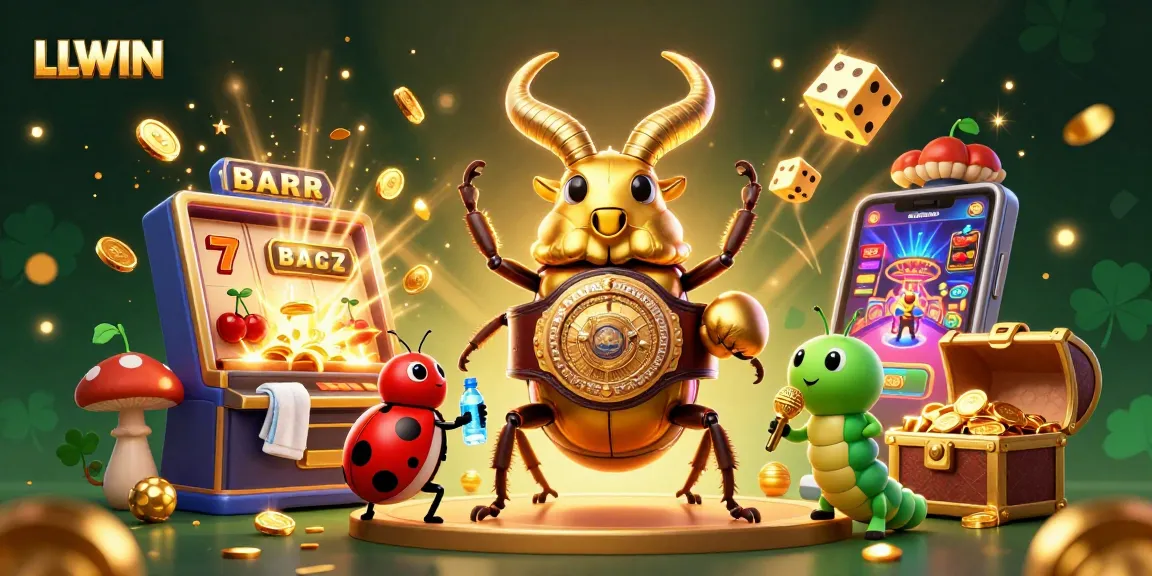 Experience the thrilling LLWIN casino with a vibrant 3D illustration featuring a golden stag beetle champion.