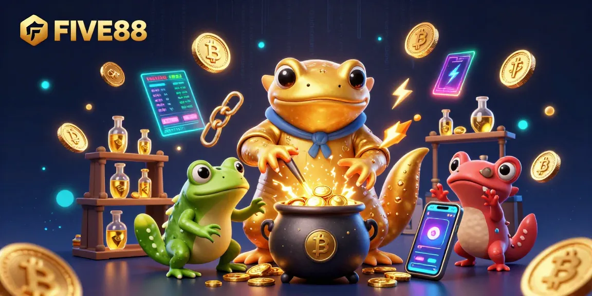 Experience the thrill of winning at FIVE88 with vibrant casino elements and dynamic gold transmutation