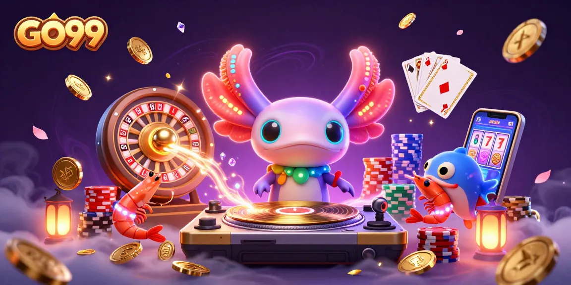 Immerse in GO99's vibrant 3D casino party, featuring a DJ axolotl and shrimp dancers.