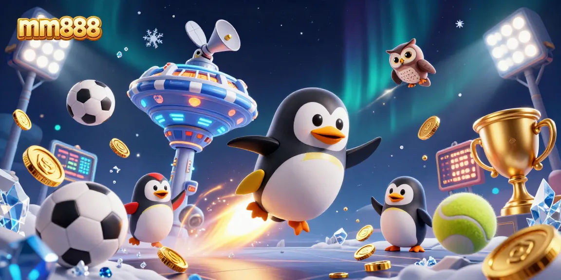 Experience exciting gameplay at mm888 with a playful golden penguin navigating a cosmic casino.