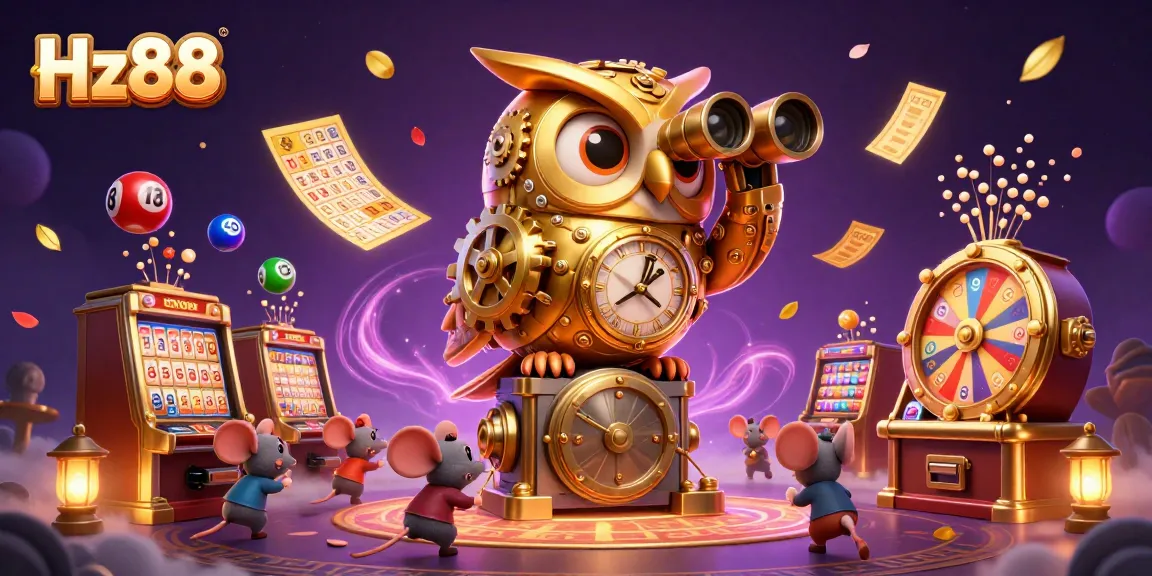 Experience the thrilling casino scene with Hz88 featuring a dynamic golden owl and lively gaming elements.