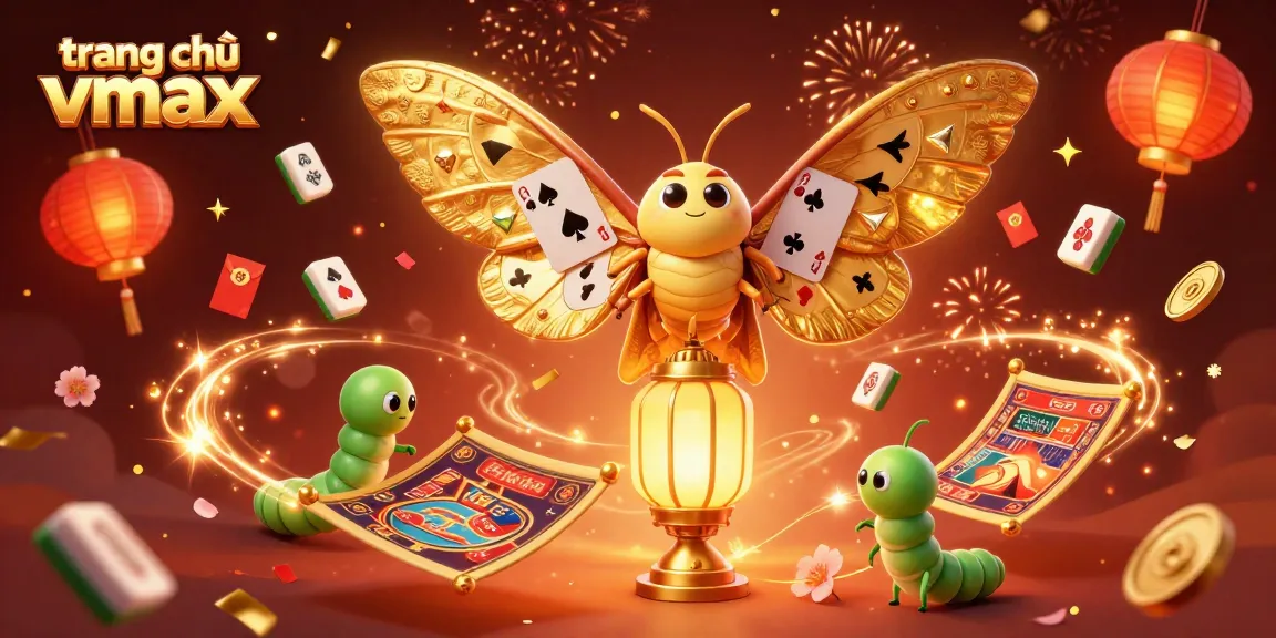 Experience the thrilling world of trang chủ Vmax with a vibrant casino scene featuring a golden moth, golden threads, and festive decorations.