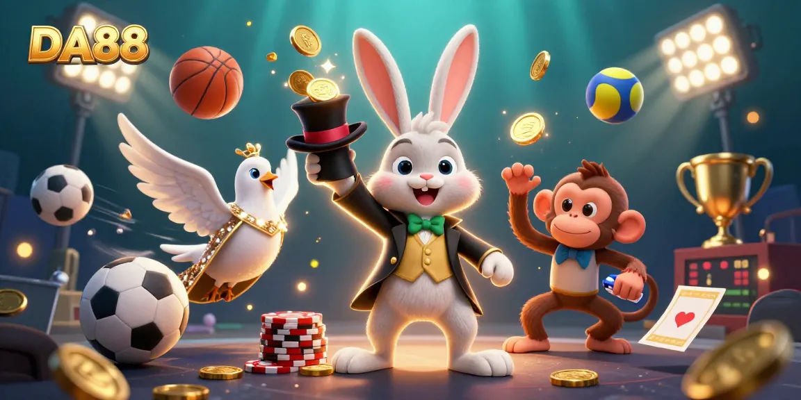 Experience DA88's casino magic as a rabbit conjures coins, surrounded by vibrant sports elements.