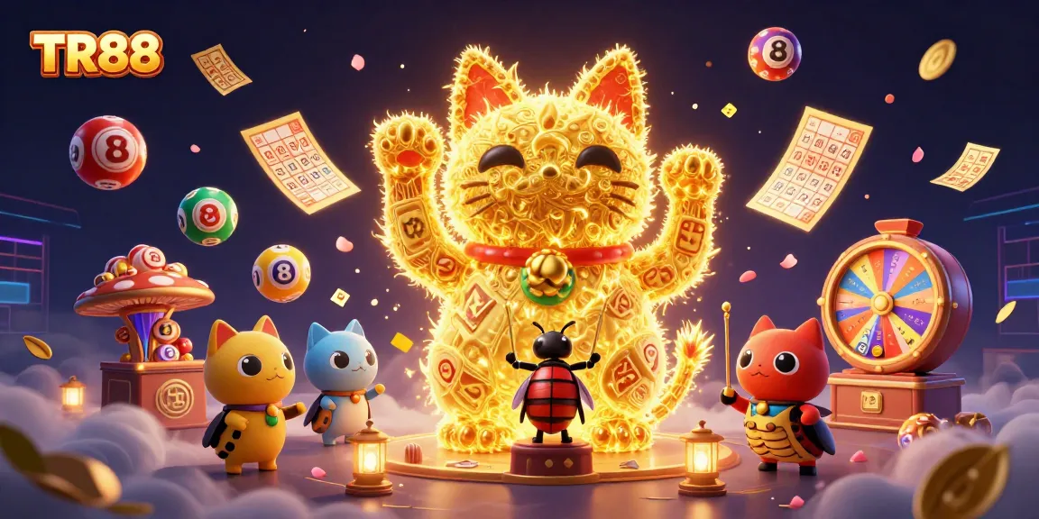 Experience the vibrant world of TR88 with dynamic lottery balls, a lucky cat, and exciting casino elements.