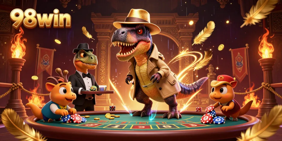A 3D velociraptor card counter at a blackjack table with a stegosaurus pit boss, illustrating 98win's dynamic casino scene.