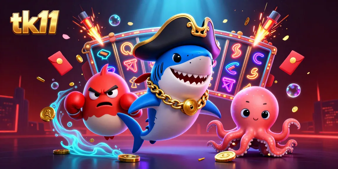tk11 slot reels spin as a pirate shark, pufferfish, and octopus celebrate in a vibrant casino scene.